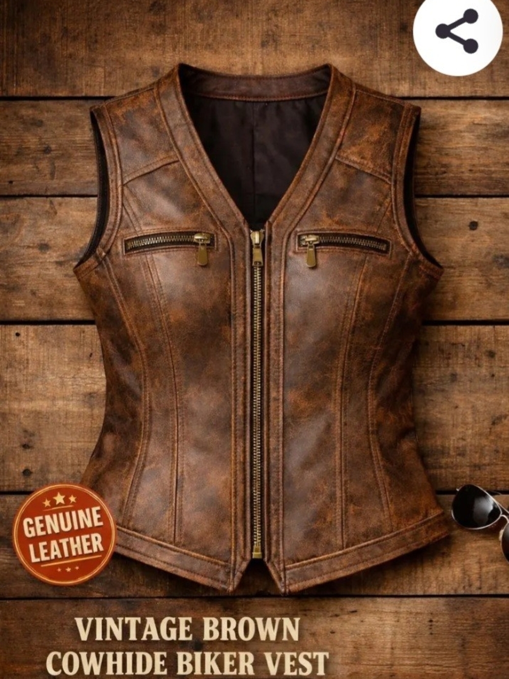 Vintage Brown Cowhide Biker Vest for Women